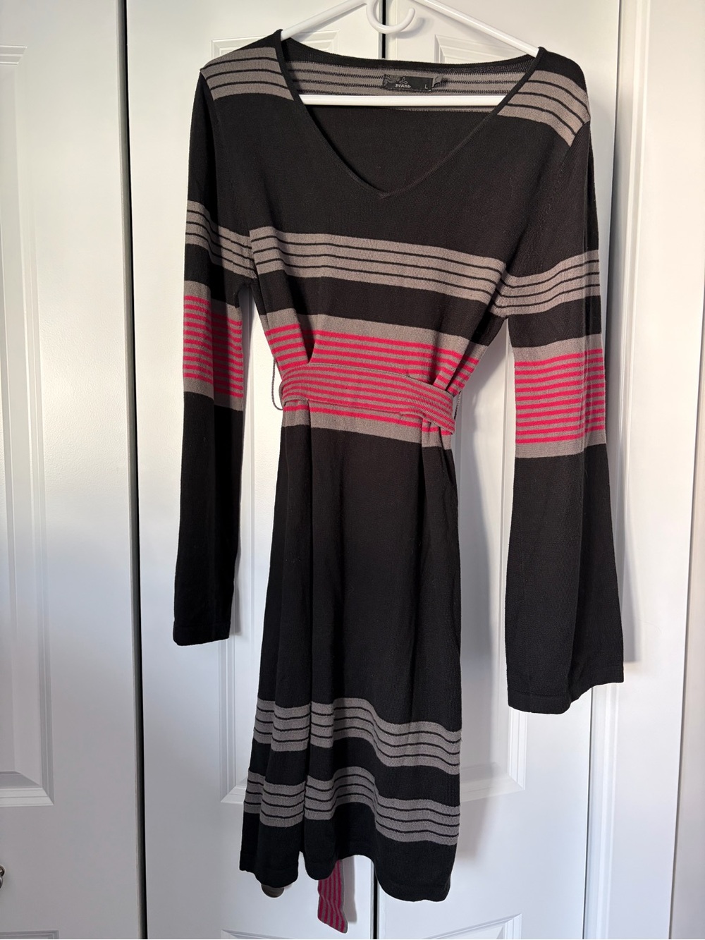 Prana Long Bell Sleeve V-Neck Striped Knit Dress in Black, Gray & Pink